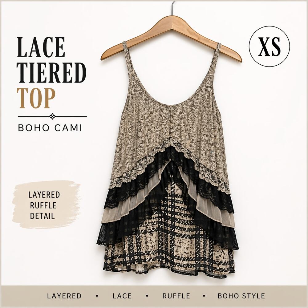 Layered Lace Tank Top Boho Ruffle Tiered Cami Beige Black XS Indie Style
